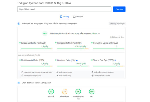 Đánh giá tốc độ load và phản hồi của trang game 98win